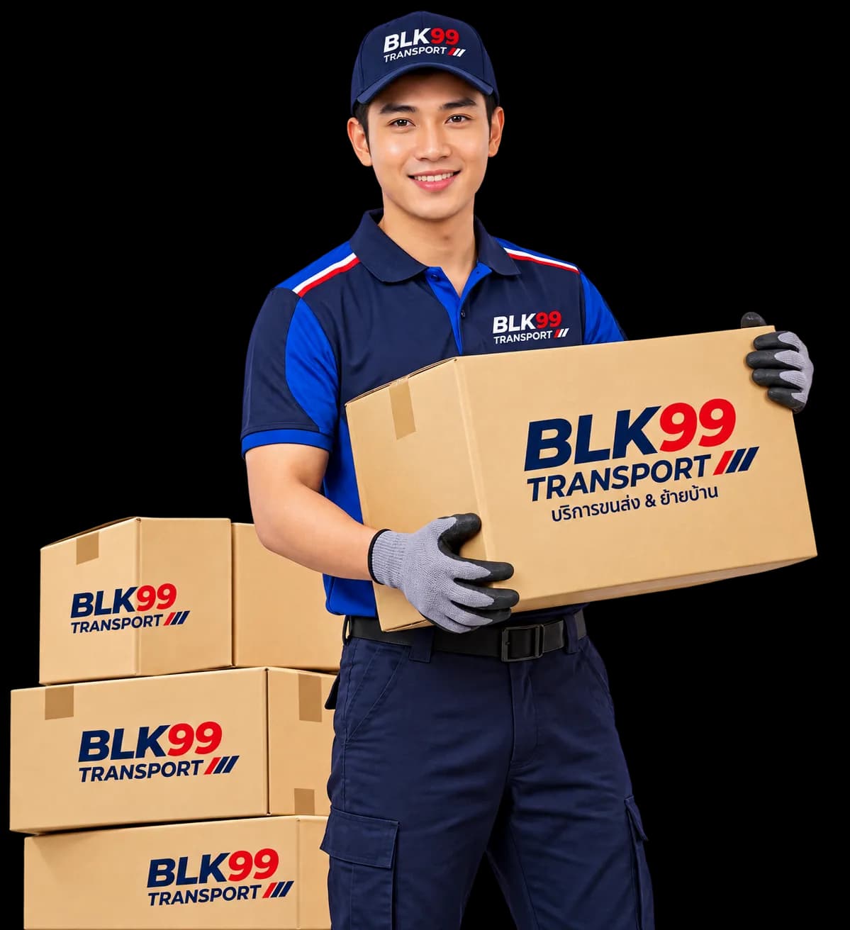 ตัวแทนบริการขนย้าย BLK99 Transport ถือกล่องพัสดุพร้อมให้บริการ